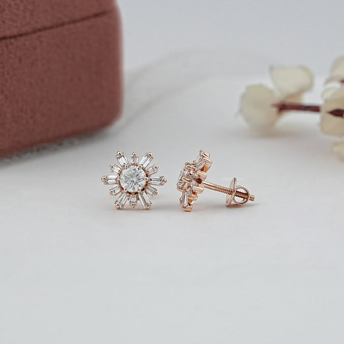 Tapered Baguette Diamond Stud Earrings With Round Cut