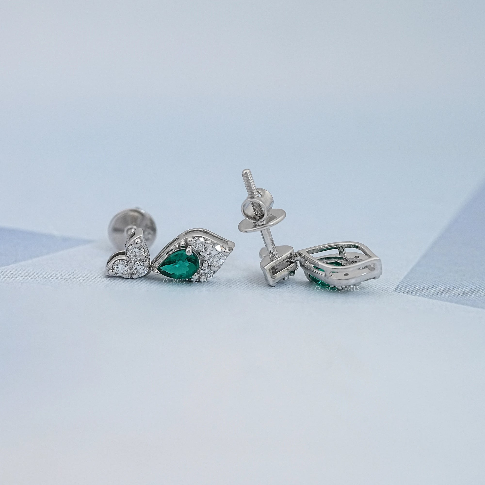 Green Pear And Round Diamond Drop Earrings