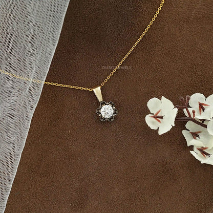 Round Lab Diamond Black Coated Flower Pendant Necklaces