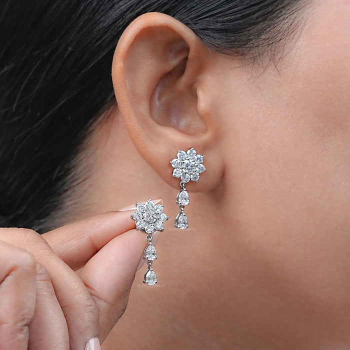 Round Cut Diamond Flower Drop Earrings