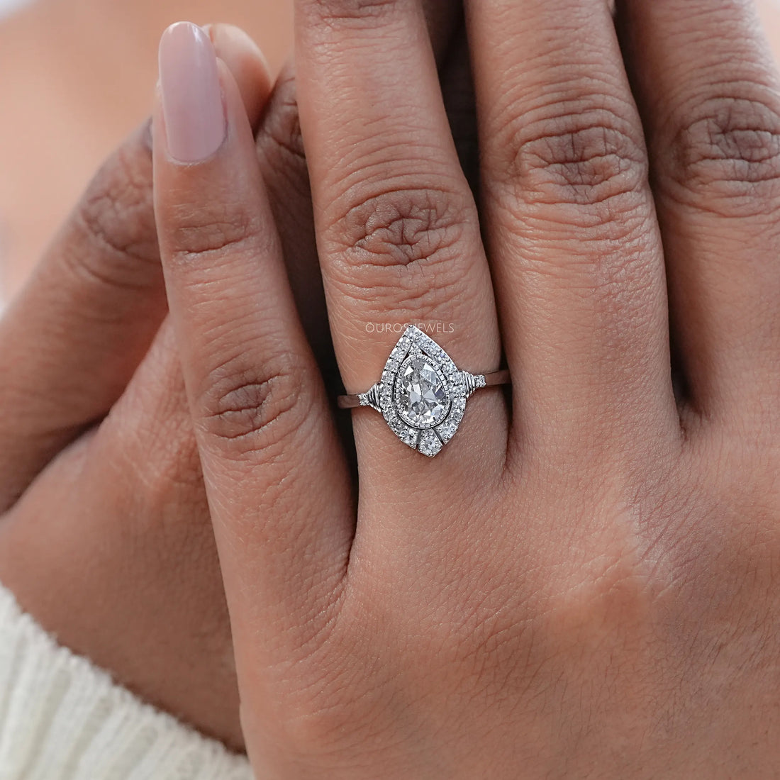 Old Mine Pear Cut And Single Round Halo Engagement Ring