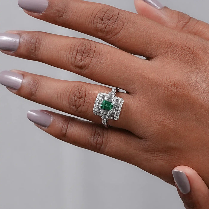 Green Emerald And Lab Diamond Halo Engagement Ring