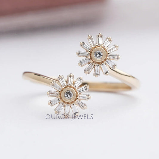 Two Flower Shape Tapered Baguette Cut Lab Diamond Bypass Ring Rings