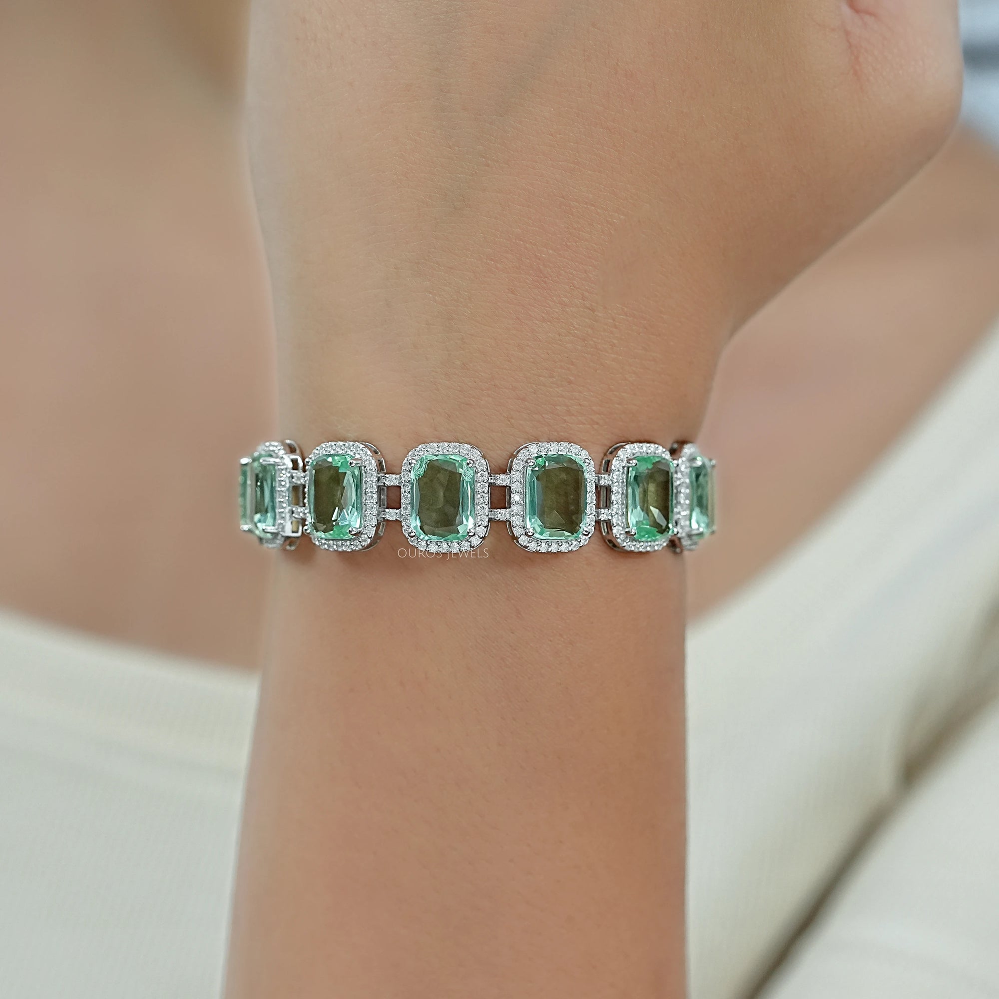 Mint Green Elongated Cushion Gemstone Halo Bracelet Bracelet