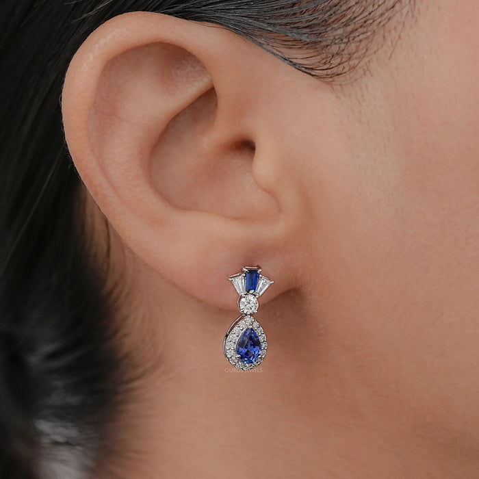 Pear Blue Gemstone And Tapered Baguette Halo Drop Earrings