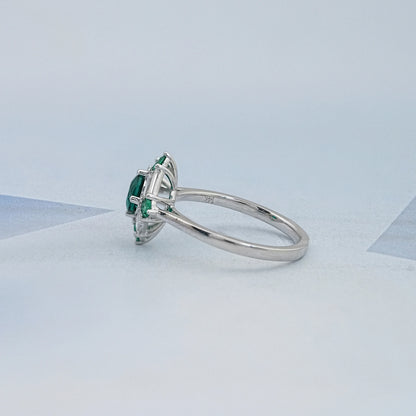 Green Round And Baguette Diamond Halo Engagement Ring
