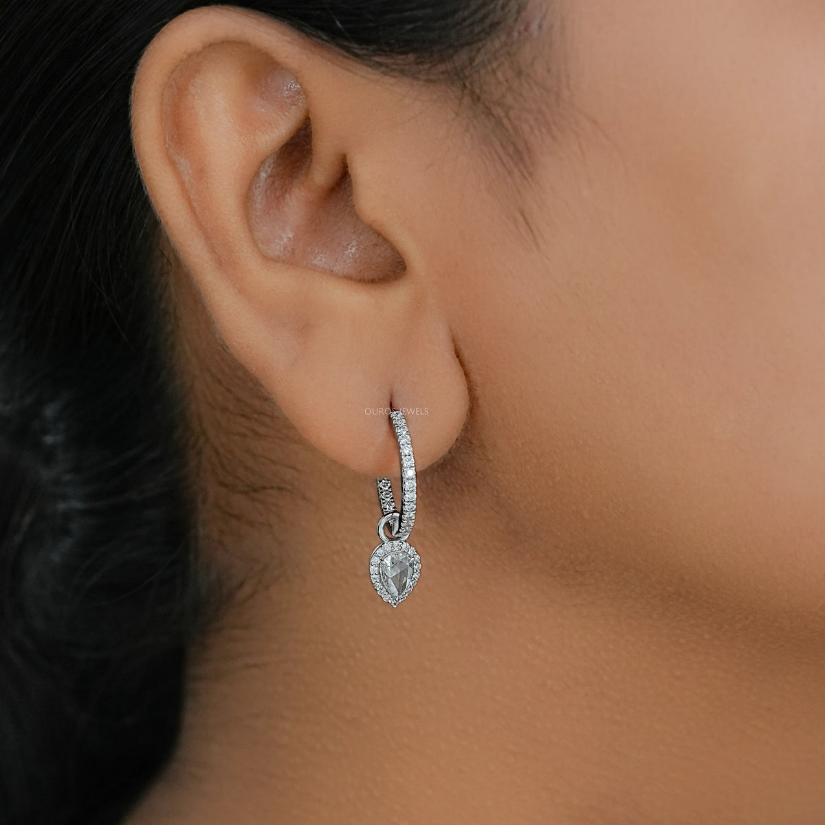 Rose Cut Pear Diamond Halo Charm Hoop Earrings Earring