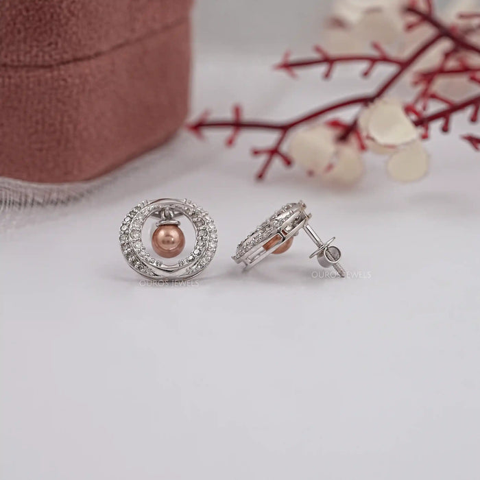 Round Diamond Halo Pearl  Earrings