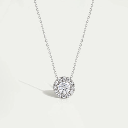 White Gold Halo Round Diamond Pendant Necklaces