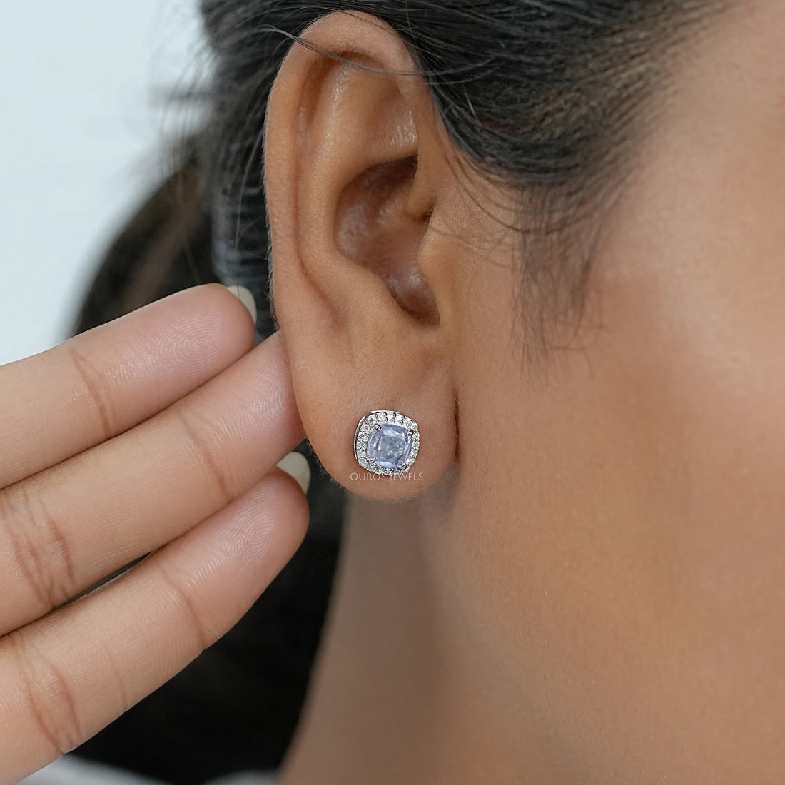 Light Purple Square Cushion Halo Stud Earrings Earring