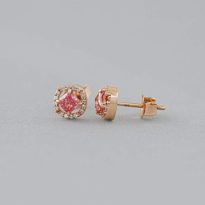 Pink Cushion Cut Halo Stud Earrings