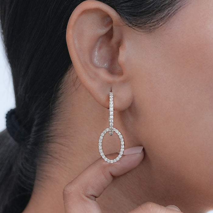 Double Link Open Circle Round Diamond Hoop Earring