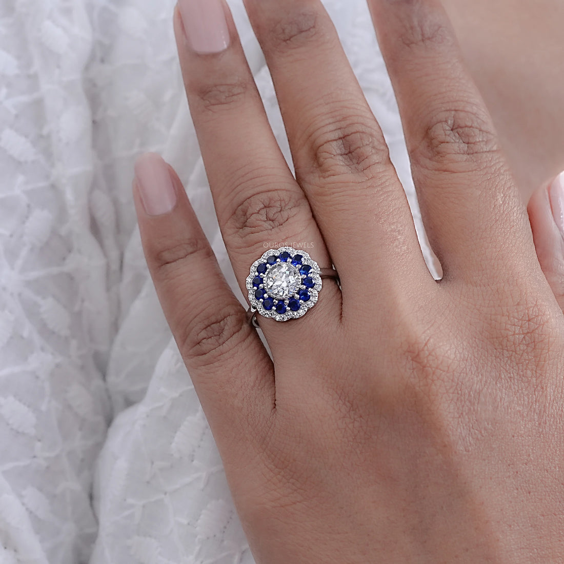 Old European Round Cut Sapphire Halo Engagement Ring Rings