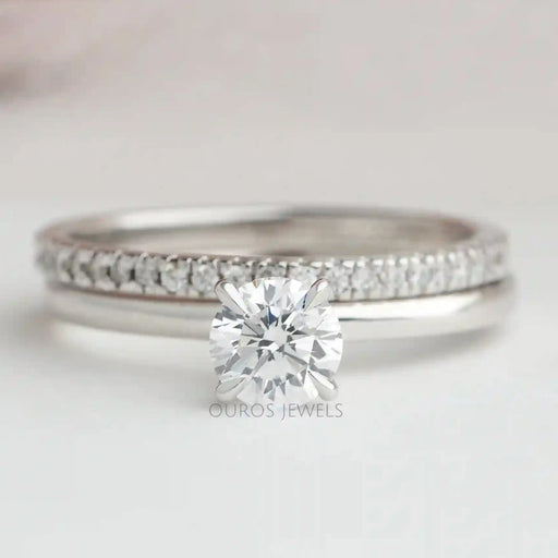 front view of round-cut lab-grown diamond bridal ring set with white gold band
