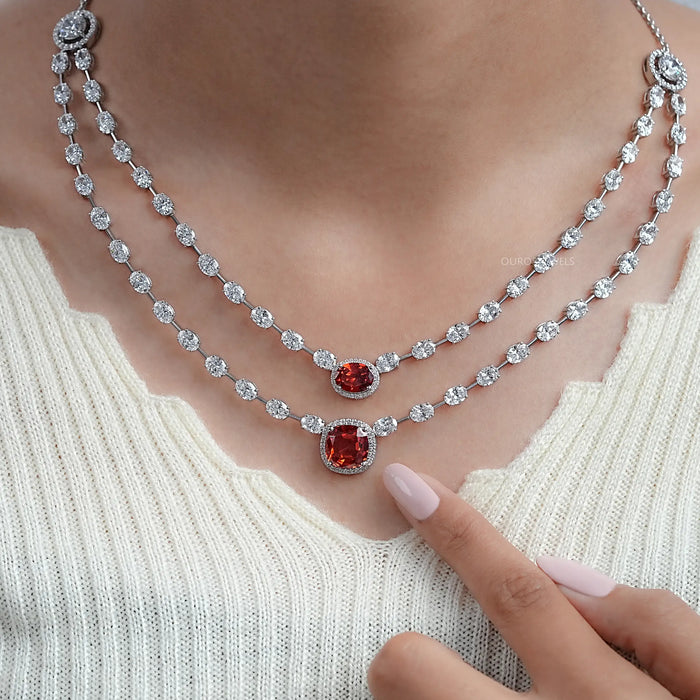 Double Layer Ruby Cushion And Oval Halo Tennis Necklace