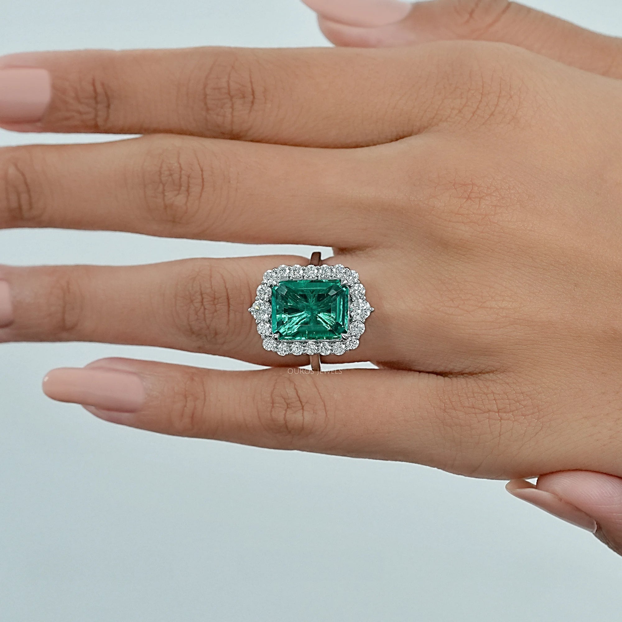 Green Emerald Gemstone Halo Engagement Ring Rings