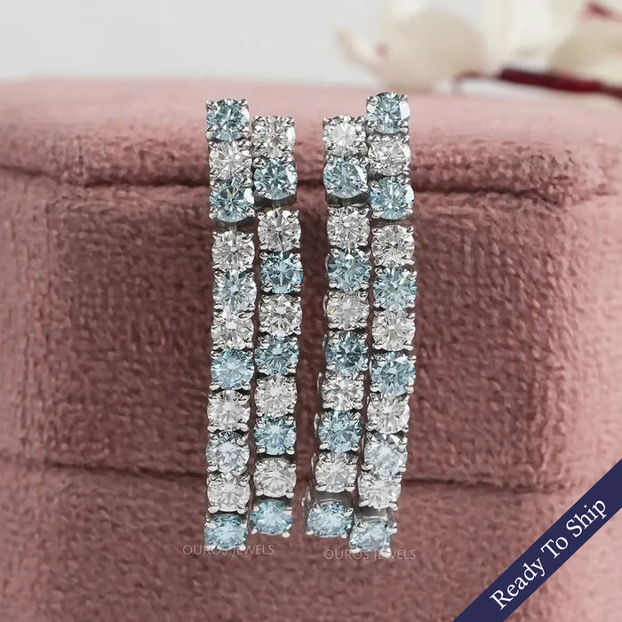 Double Row Blue Round Lab Diamond Earrings