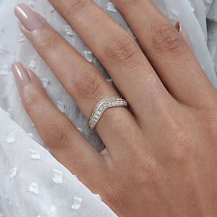Round  Diamond Double Row Curved Wedding Band