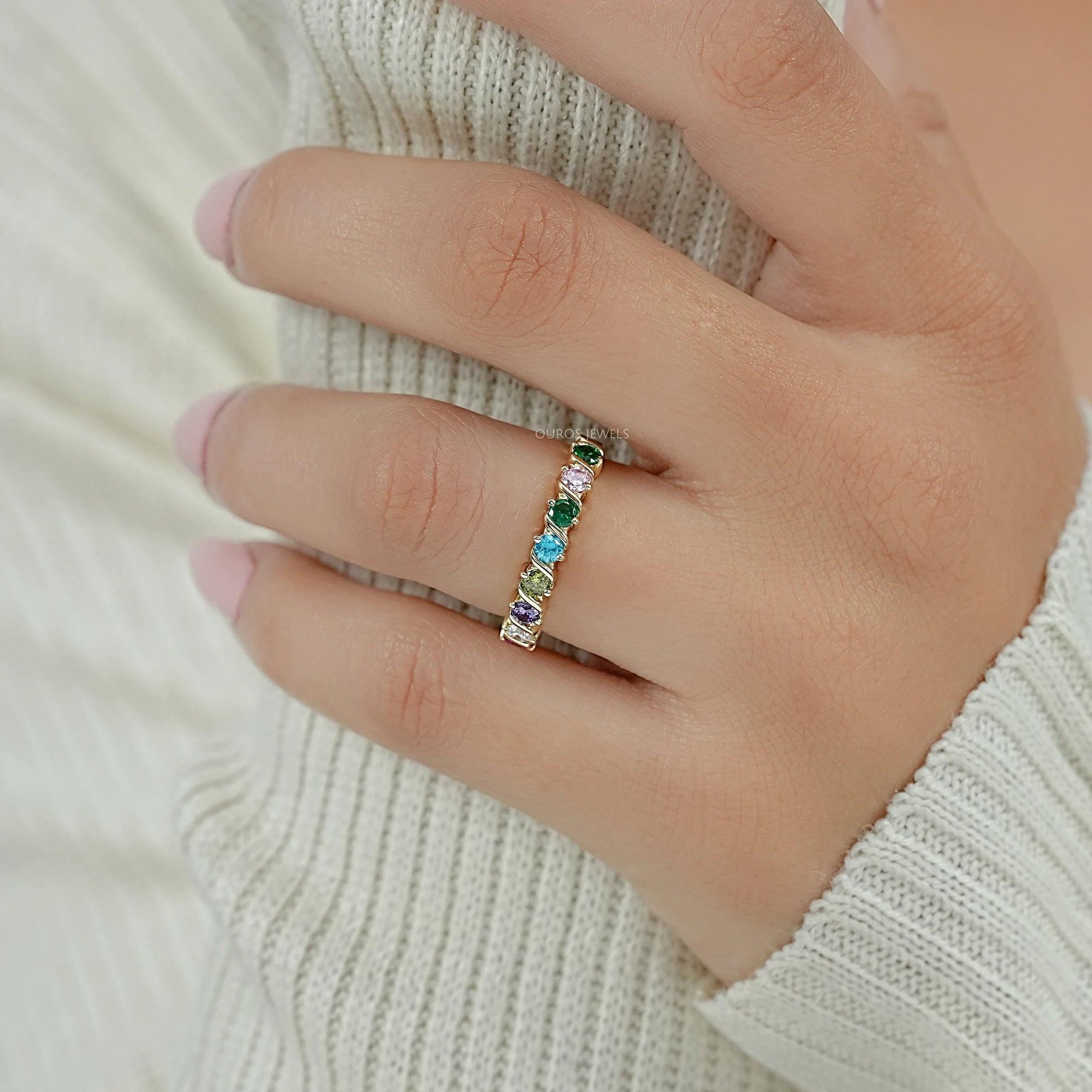 Multi Gemstone Half Eternity Wedding Band Ring