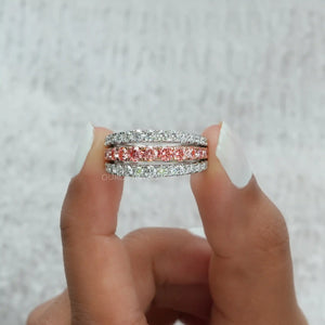 A Women Holding Triple Row Round Diamond Ring]-[Ouros Jewels]