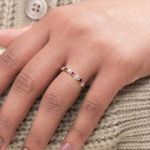 Diamond Half Eternity Band With Red Gemstone Round Cut