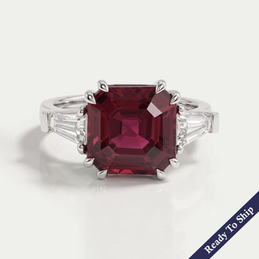 Three Stone Ruby Asscher Gemstone Engagement Ring