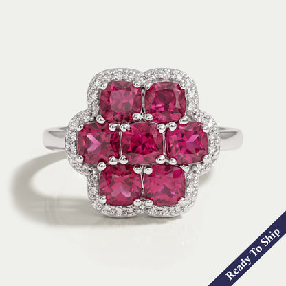 Ruby Cushion Gemstone Floral Halo Ring