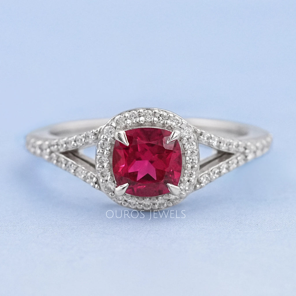 cushion cut red ruby halo split shank engagement ring's front view