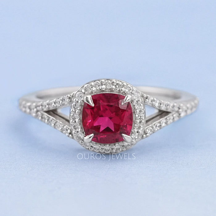 cushion cut red ruby halo split shank engagement ring's front view