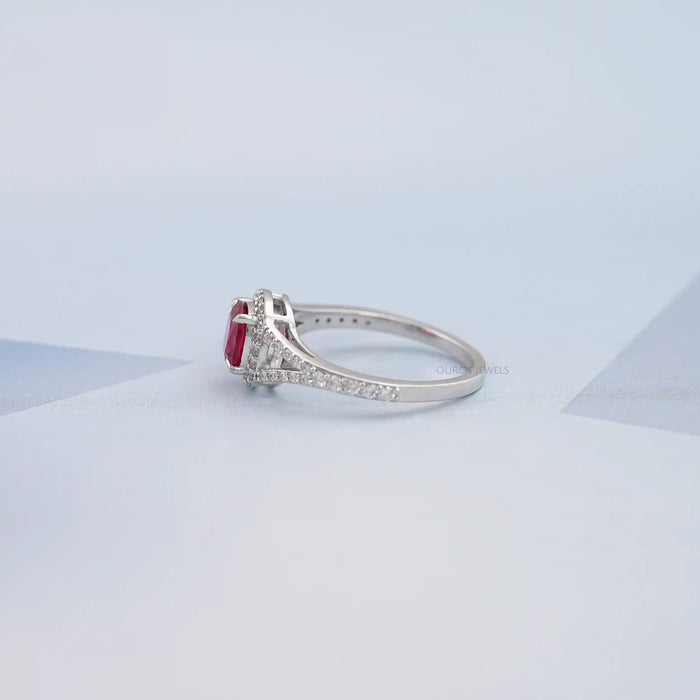 Ruby Cushion Gemstone Split Shank Halo Ring
