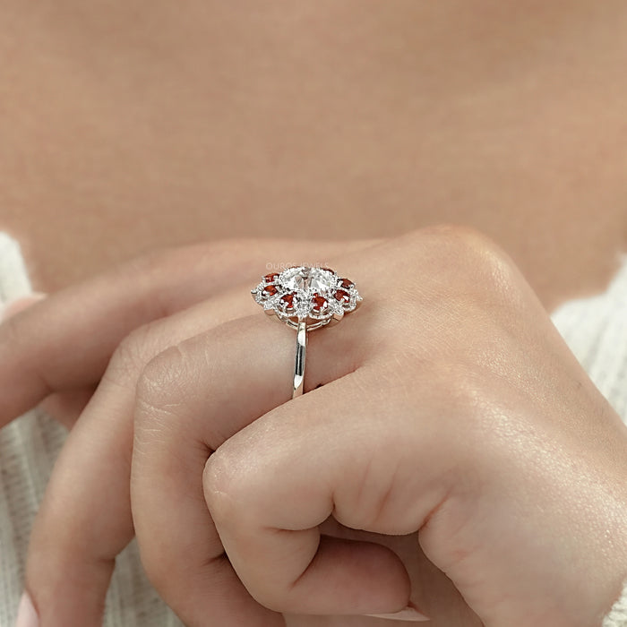 OEC Round Lab Diamond And Ruby Gemstone Halo Ring