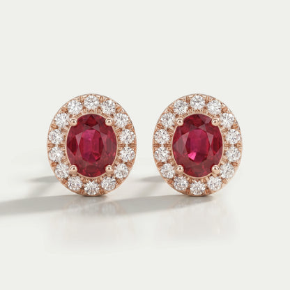 Ruby Oval Gemstone Halo Set Stud Earring Earring