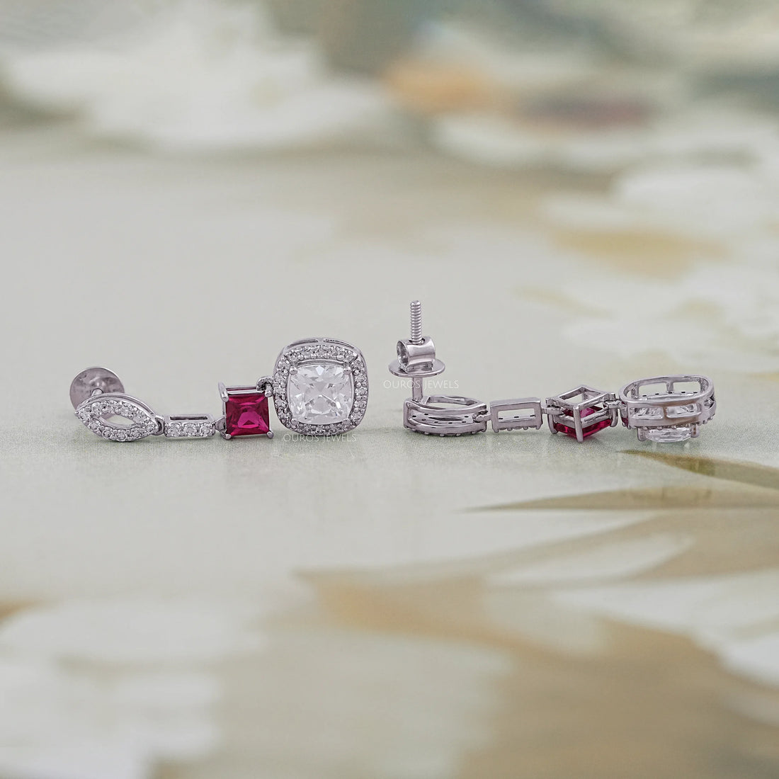 Ruby Princess Old Mine Cushion Cut Halo Dangle Earrings Earrings
