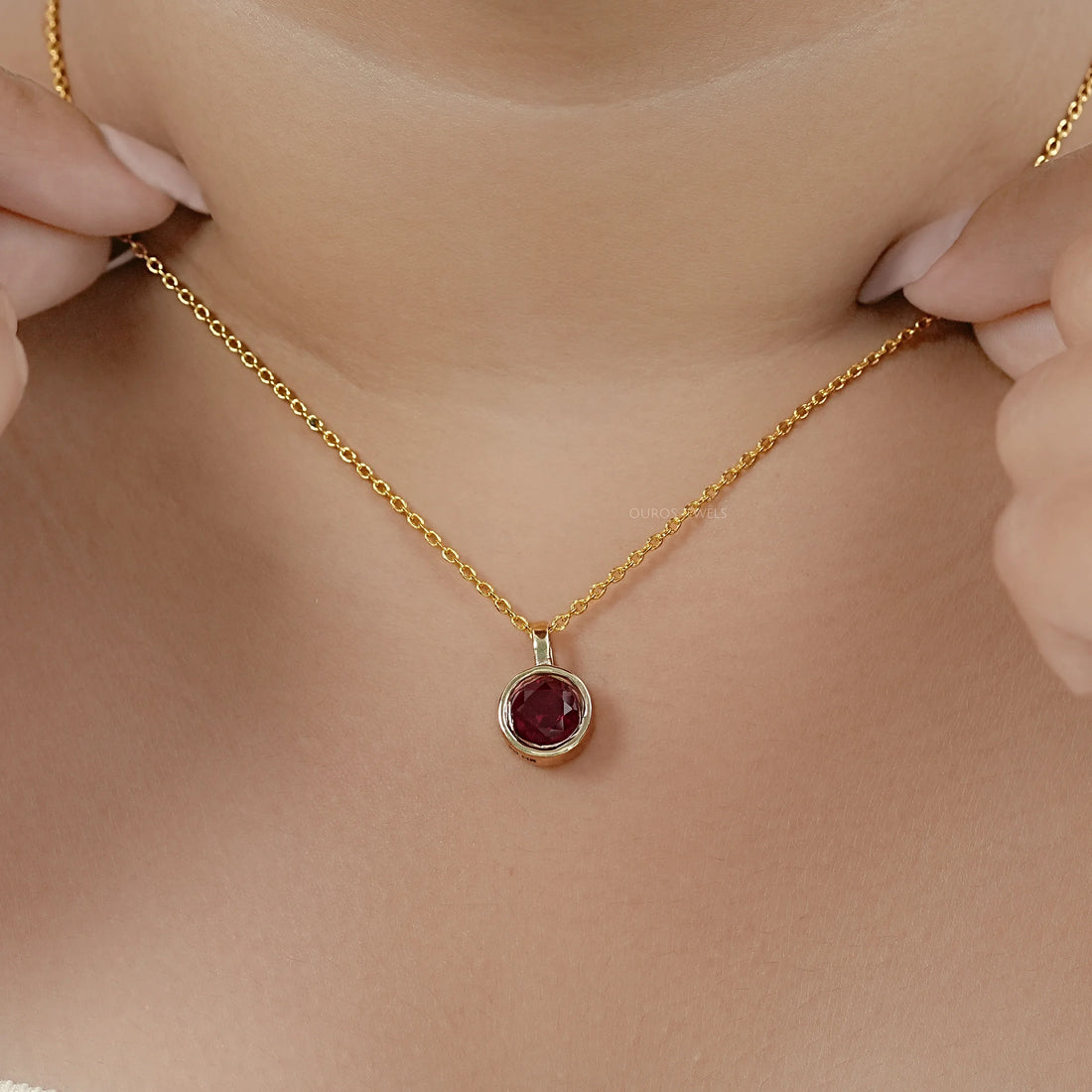 Pigeon Blood Ruby Round Gemstone Bezel Pendant Necklaces