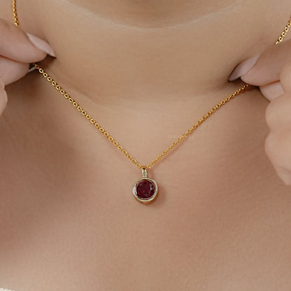 Pigeon Blood Ruby Round Gemstone Bezel Pendant Necklaces
