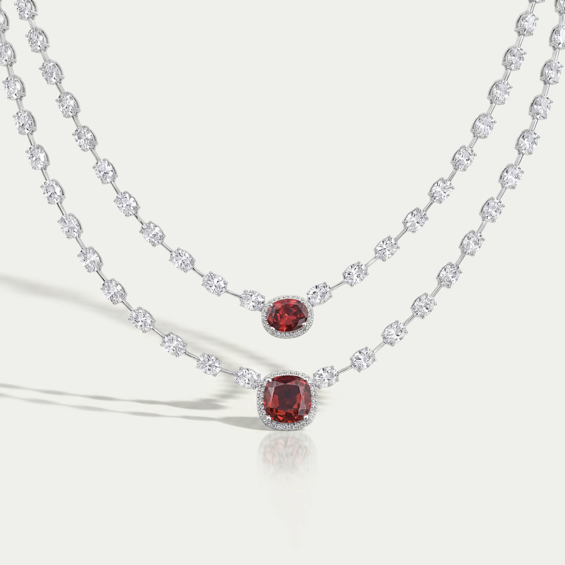Double Layer Ruby Cushion And Oval Halo Tennis Necklace Necklaces