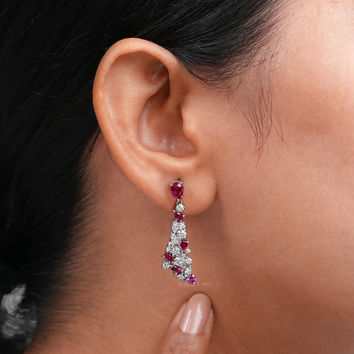 Ruby Pear Gemstone Cluster Dangle Earrings