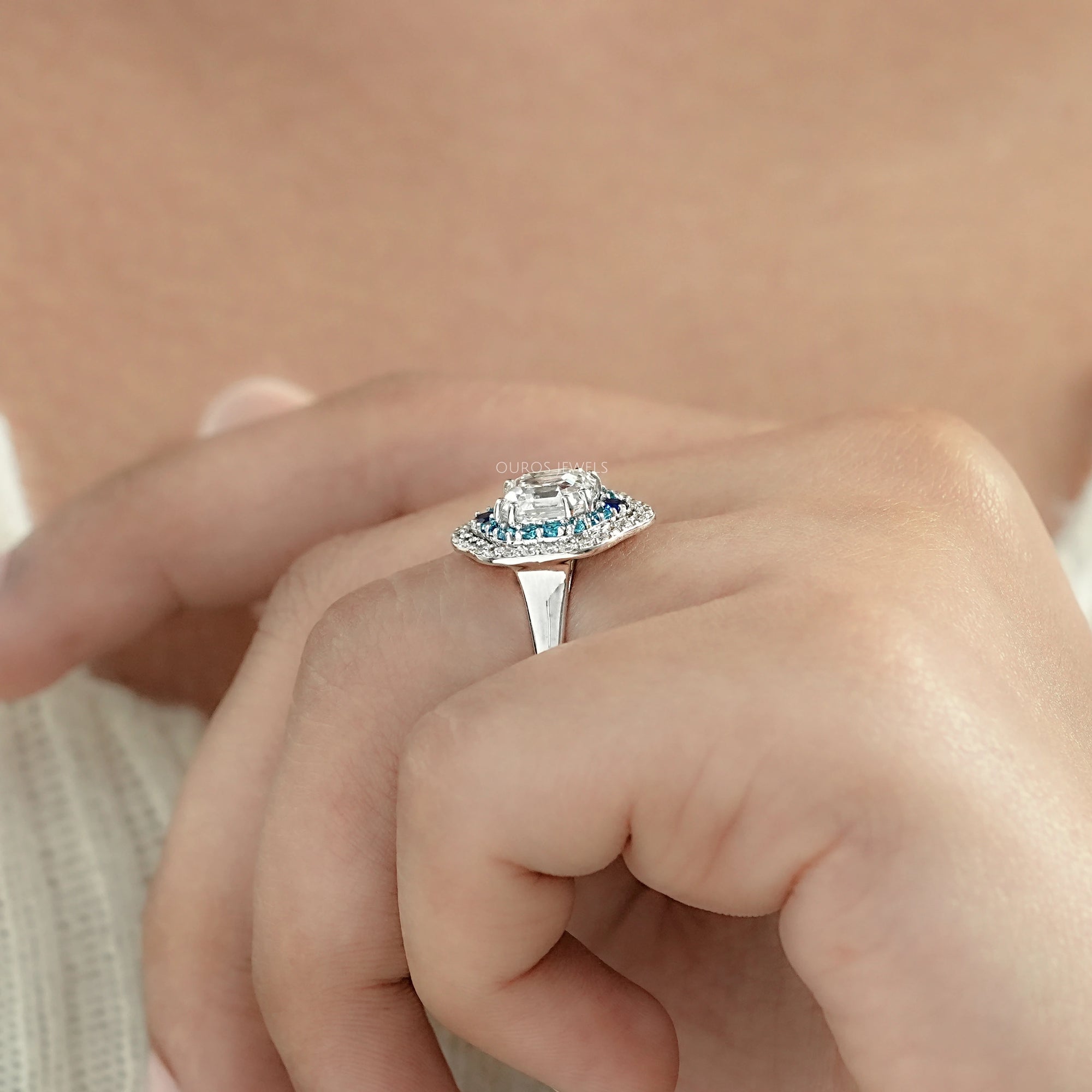 Old Mine Asscher Diamond And Gemstone Double Halo Ring Rings