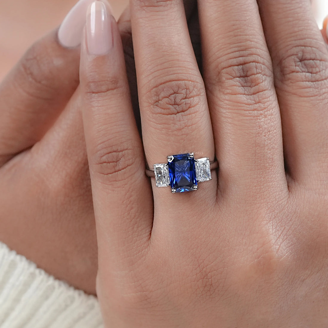 Sapphire Radiant And Lab Diamond Three Stone Ring Ring