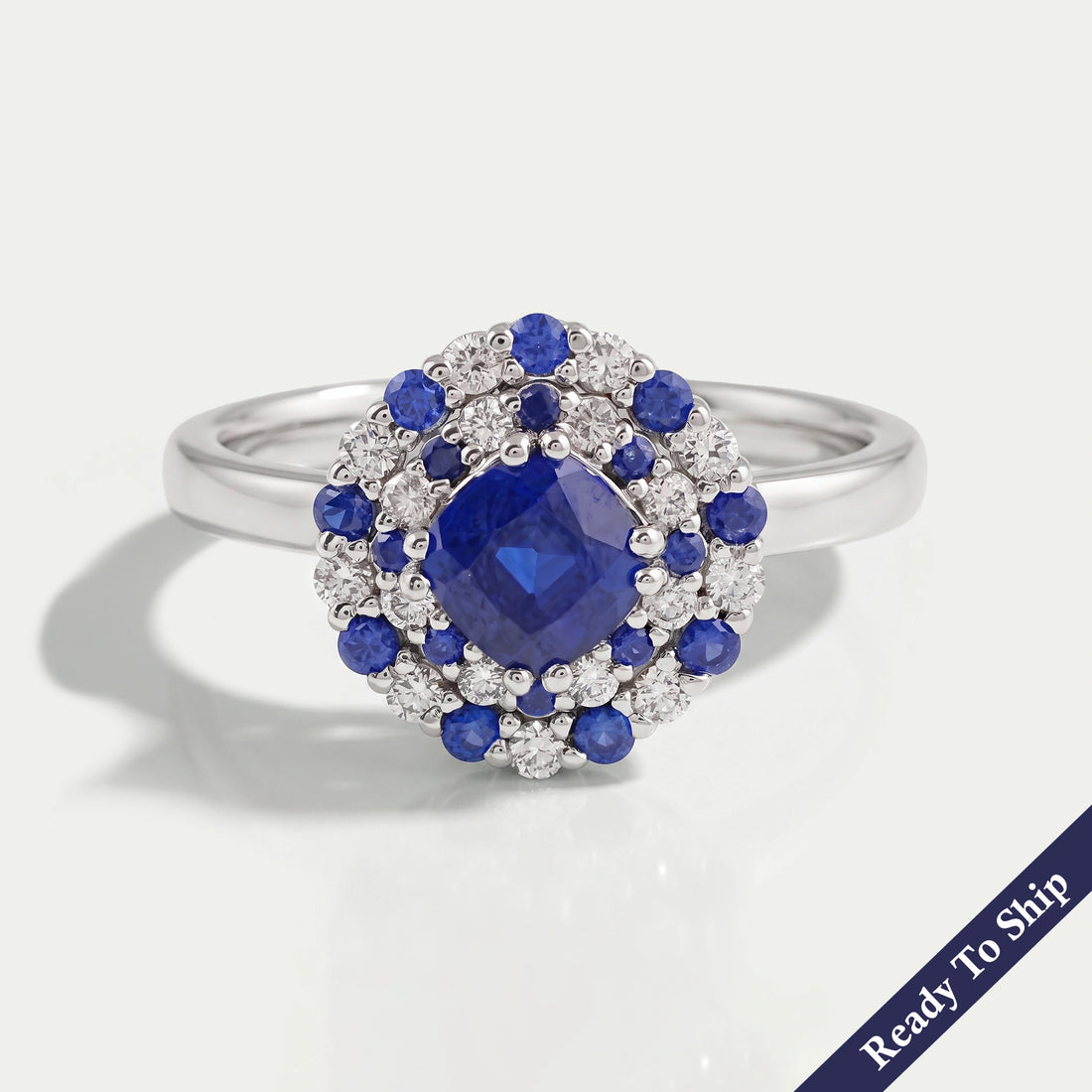 Blue Cushion Cut Lab Gemstone Double Halo Ring Ring