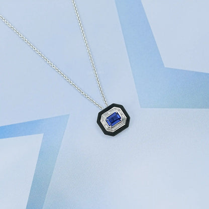 Enamel And Sapphire Gemstone Halo Pendant Necklaces