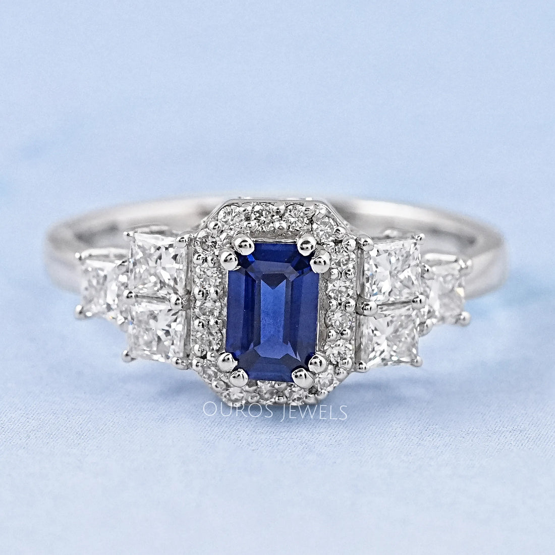 Emerald Sapphire Halo Engagement Ring