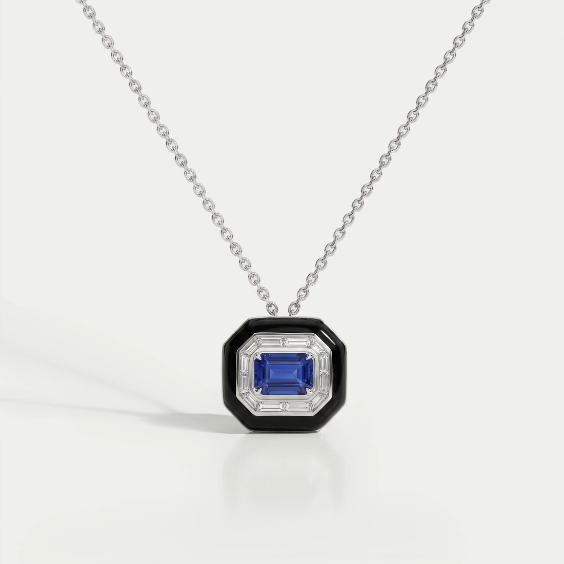 Enamel And Sapphire Gemstone Halo Pendant Necklaces