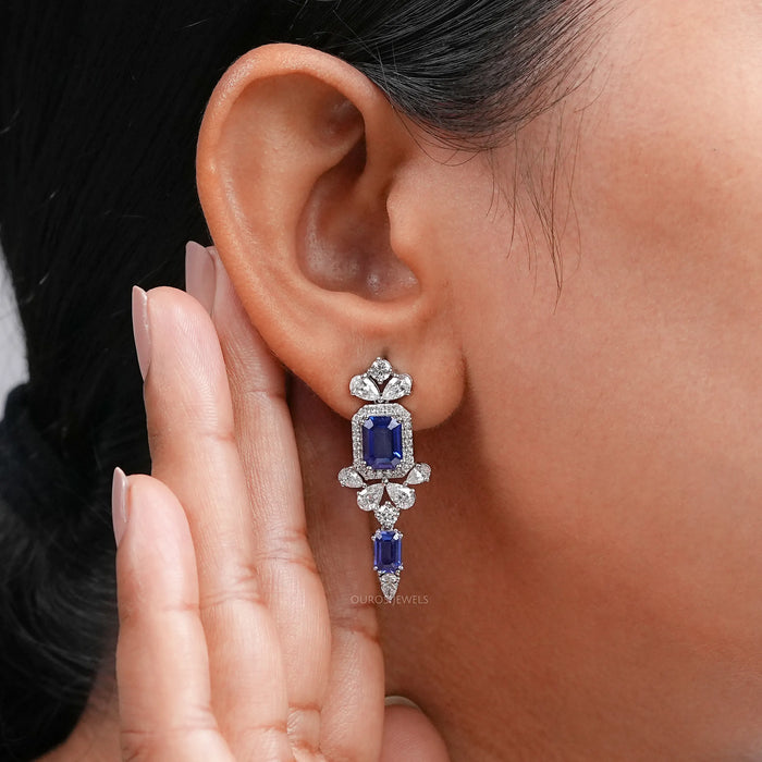Sapphire Emerald Gemstone And Lab Diamond Drop Earrings