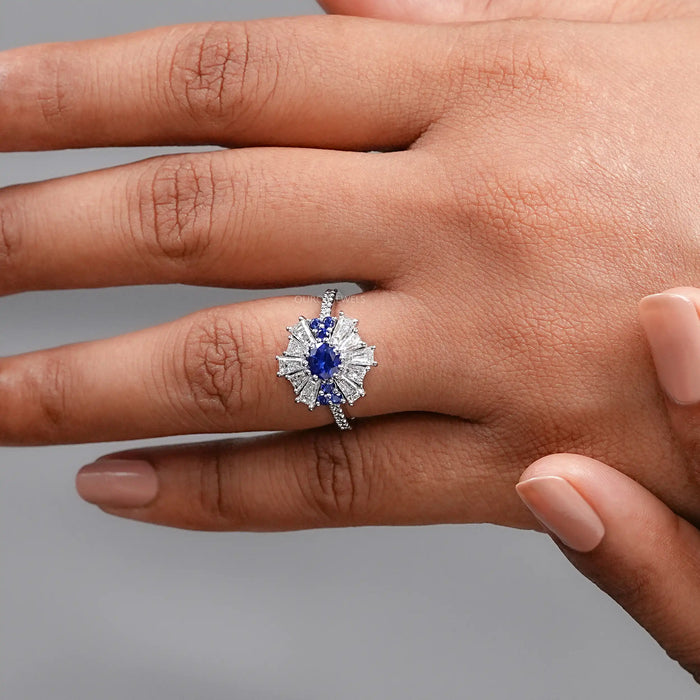 Sapphire Round And Tapered Baguette Diamond Cluster Ring