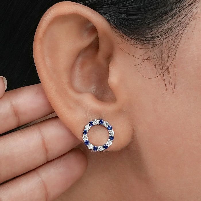 Blue Sapphire Gemstone Circle Stud Earrings