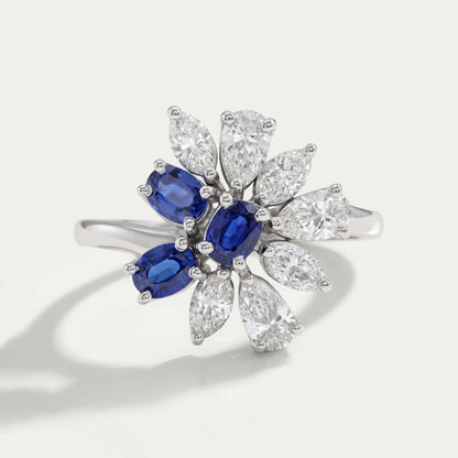 Blue Sapphire Oval Cut Gemstone Cluster Ring Ring