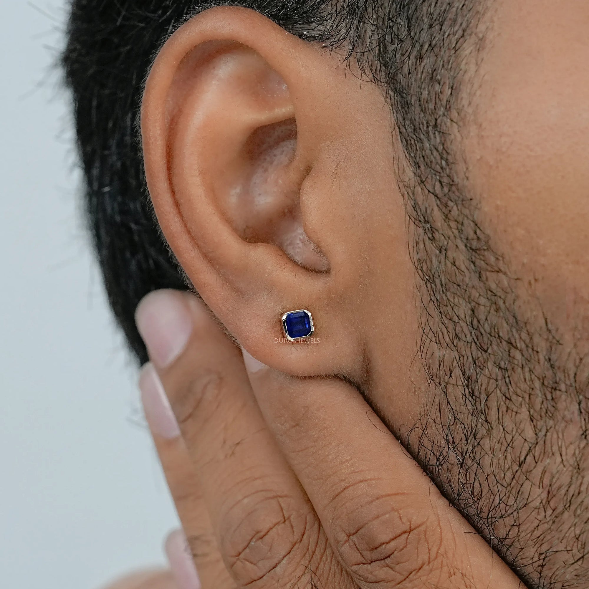 Sapphire Asscher Gemstone Bezel Men's Stud Earring