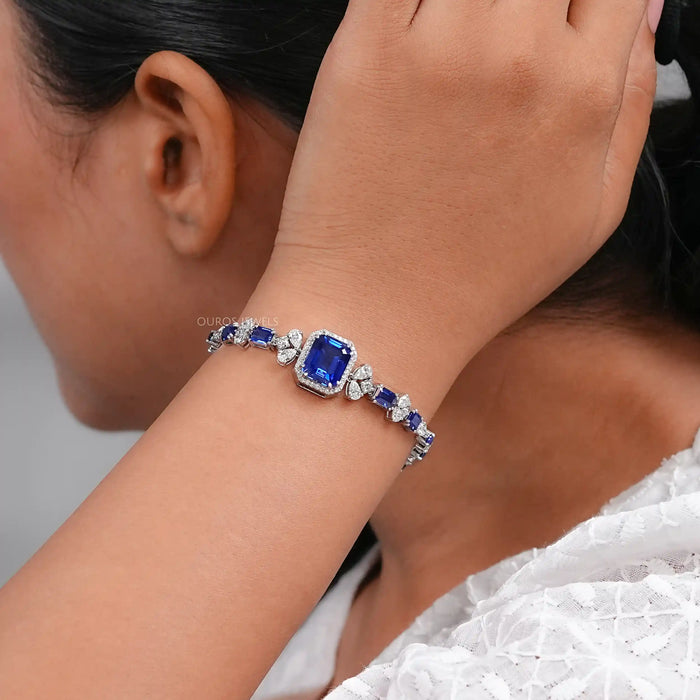 Sapphire Emerald Cut Halo Diamond Bracelet