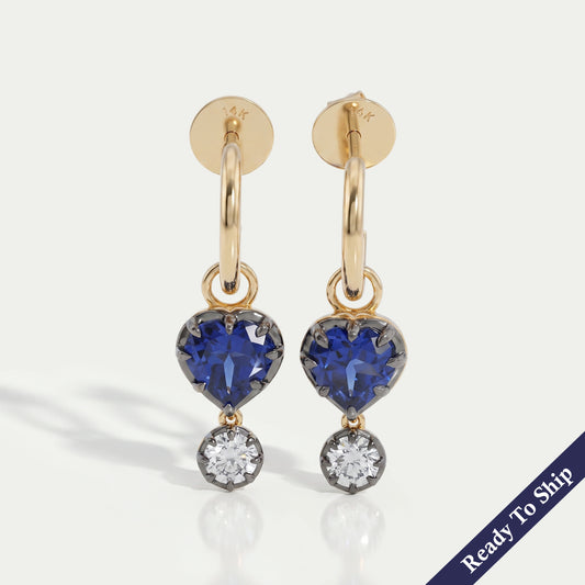 Sapphire Heart And Round Cut Black Coating Huggie Drop Earrings